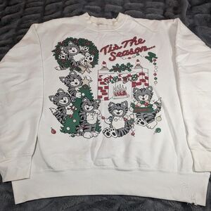 Vintage Holiday Cat Sweatshirt, Tis The Season, White, XL Christmas 90's